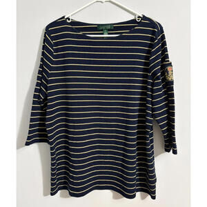 Lauren Ralph Lauren Womens Shirt 2X Blue Gold Metallic Stripe 3/4 Slv Crest Logo